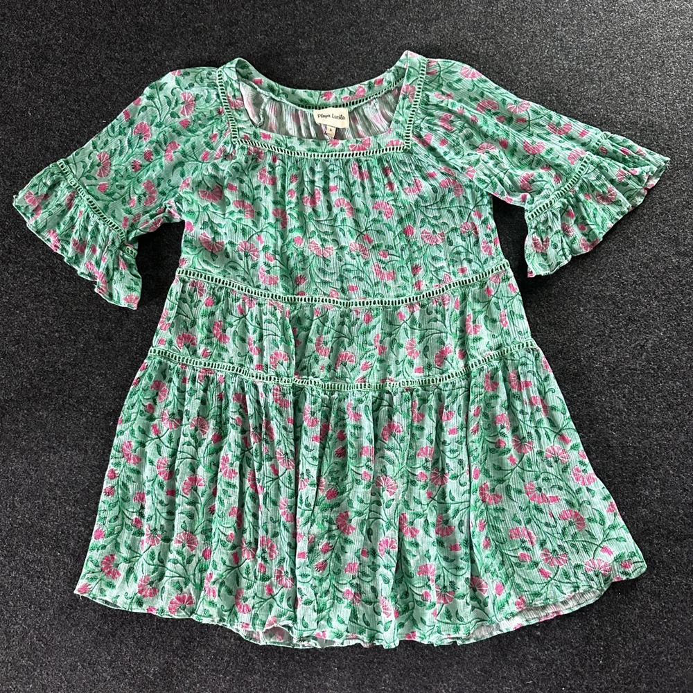 Playa Lucila Floral Tiered Mini Dress Green Pink Crochet Trim Small RN 144636
